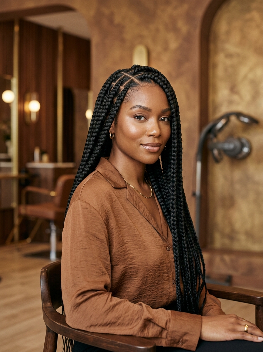 Box braids styled on a client