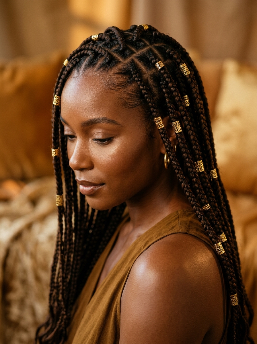 Freshly styled knotless braids with golden accents
