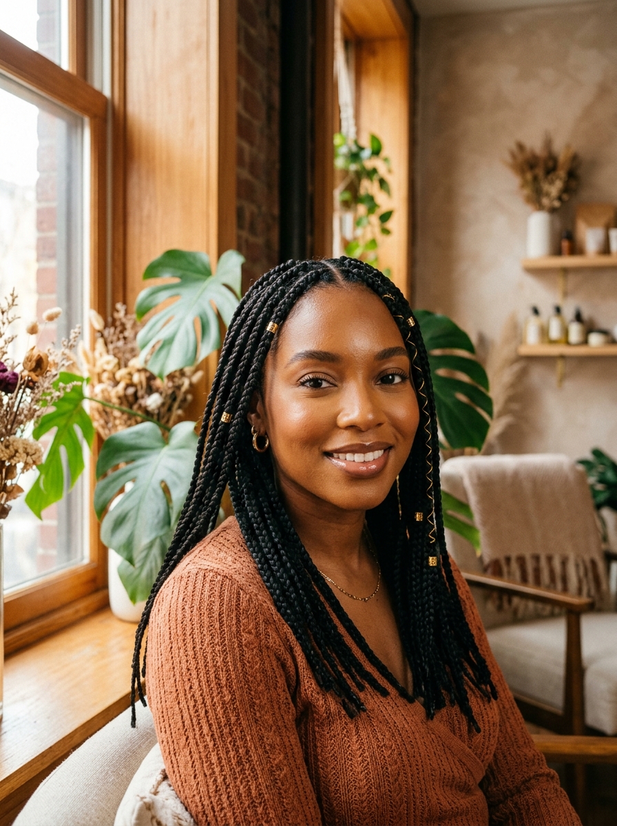 Client showing off her fresh knotless braids