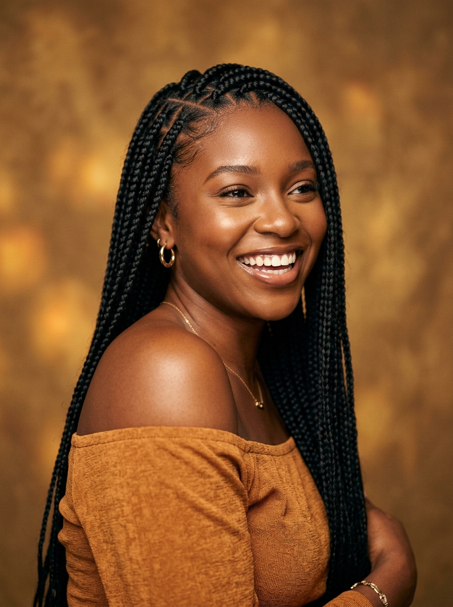 Detailed close-up of neatly styled knotless braids