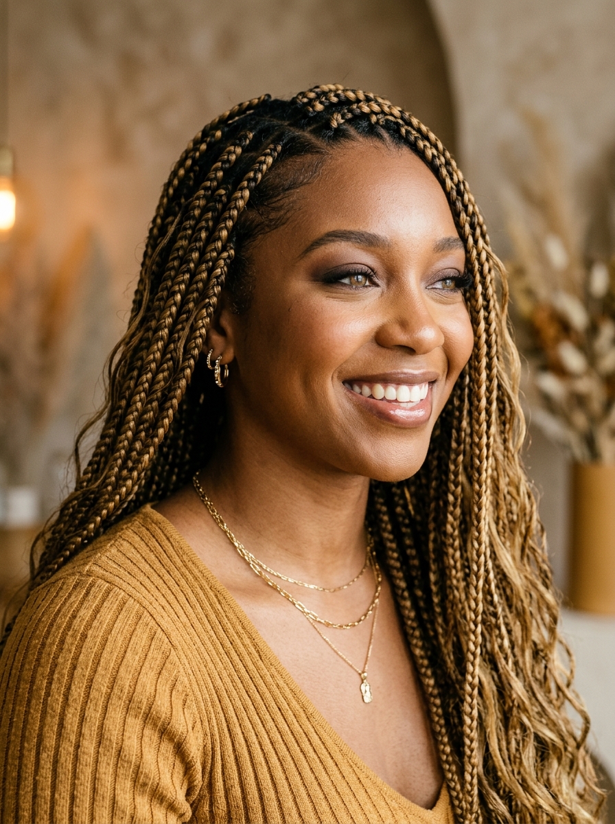 Long honey-toned knotless box braids